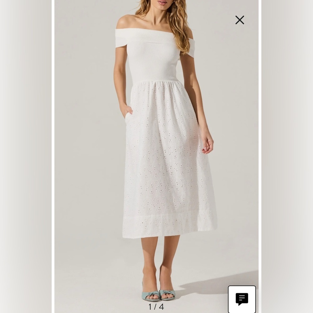 ASTR the Label Mixed Media Eyelet Off the Shoulder Dress